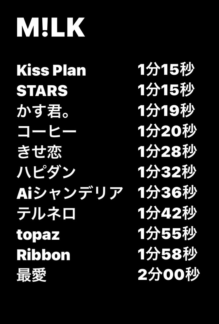 abe_hoku's tweet photo. シュスエビの1曲づつのプレイ時間です。
秒数が短い順になっているので忙しい時など用に
是非ご参考ください！
(他のグループも下に載せてます)
 #シュスエビ   #SS_EBiDAN 
 #超特急 #MILK  #SUPERDRAGON  #さくらしめじ https://t.co/wRXysISf9T