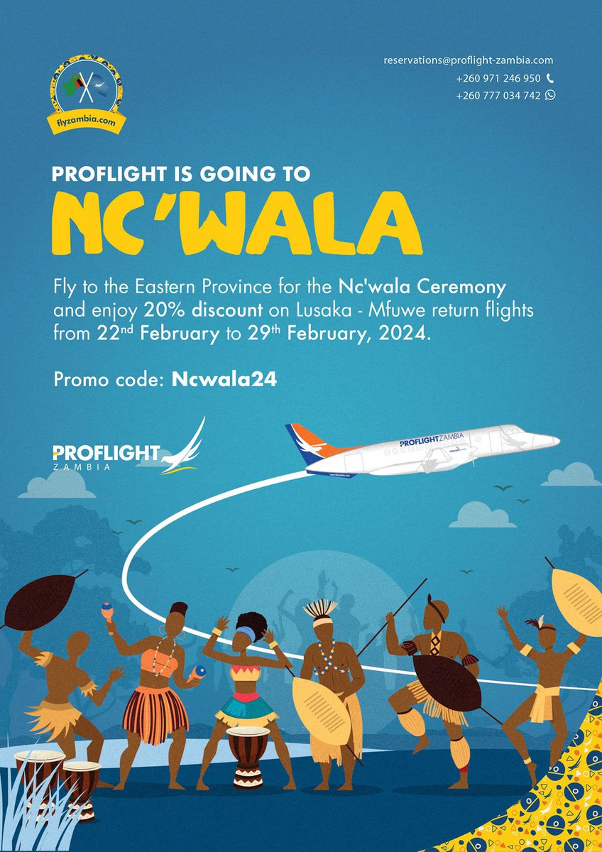 FinInsightZam's tweet image. Going to Nc’wala? You know how to get there…

Get to know…

Fly @proflightzambia 

#Proflight
#Zambia
#Ceremony
#Ncwala