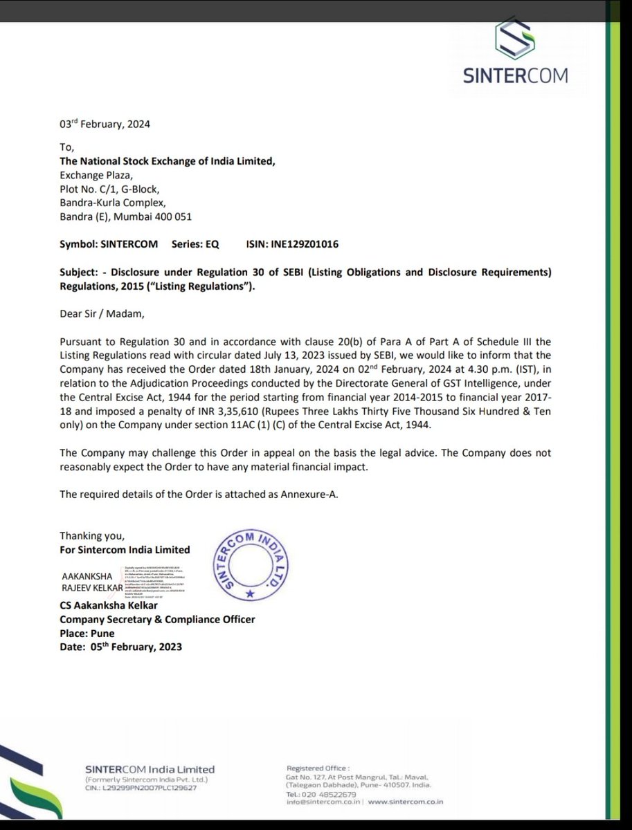 stockarrr's tweet image. Sintercom India Limited ordered to pay 3.35 lakh rupees as penalty under Central Excise Act. Company said it will not affect their financial position. What do you think? #Sintercom #NSE #GST #StockMarketNews #StockMarketindia #StocksInFocus