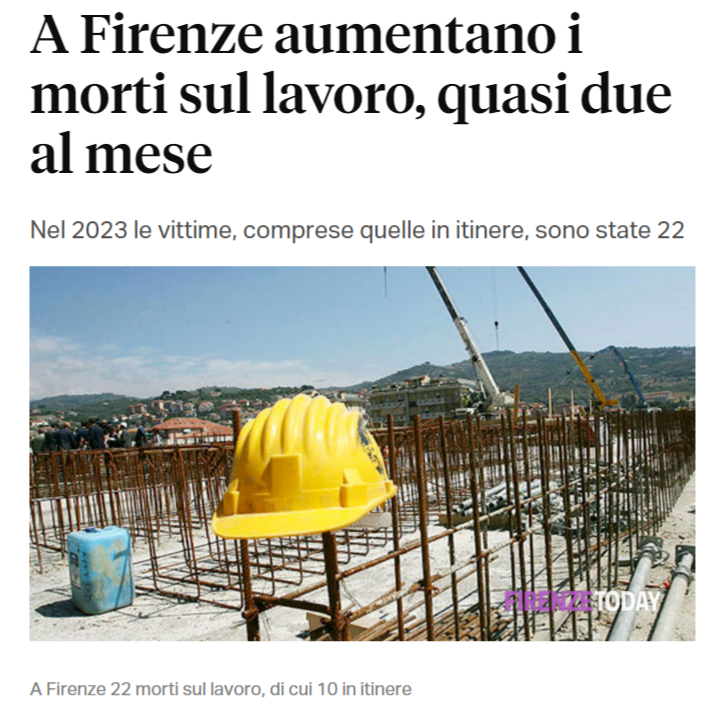 FI_Possibile's tweet photo. Altre 22 #vittime sul #lavoro a #Firenze nel 2023, inclusi gli #infortuni #mortali in itinere, in aumento rispetto all’anno precedente quando furono 19, +16%. Un dato che rappresenta il 43% del totale della #Toscana, dove hanno perso la vita 51 persone.
#MortiSulLavoro https://t.co/qjJSuAJEJs