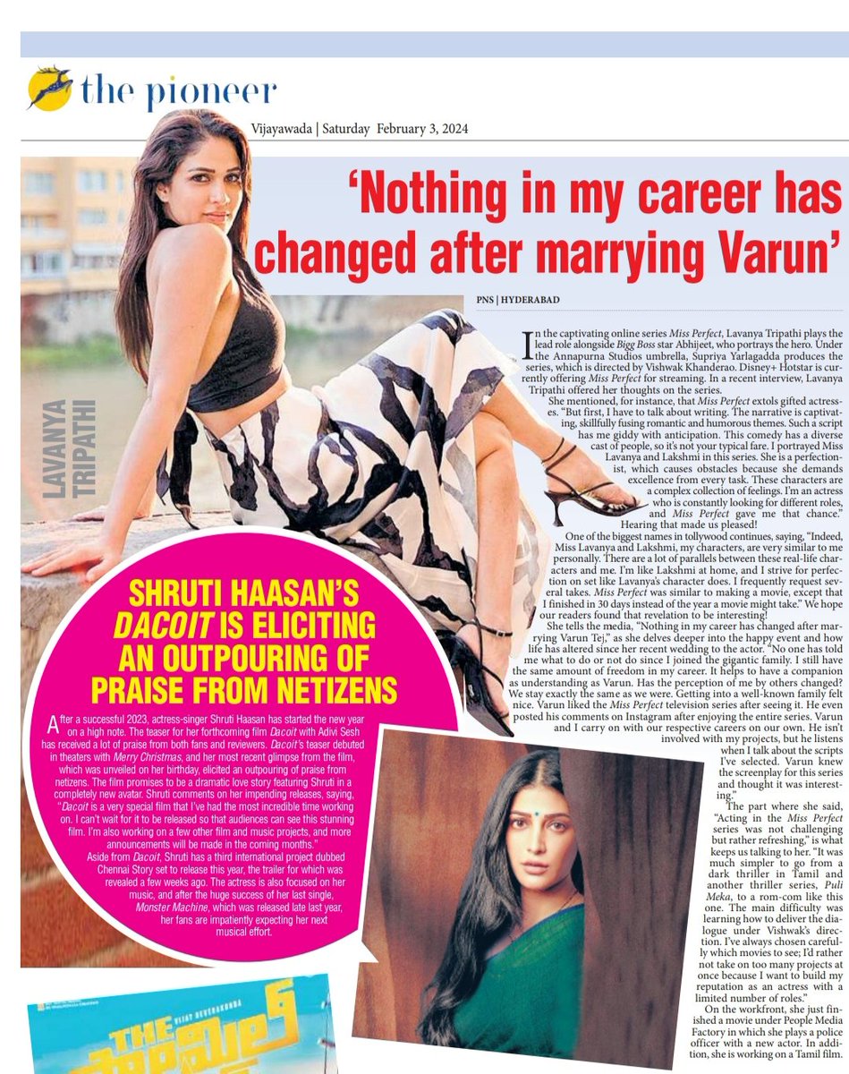 The Pioneer South (@featurespioneer) on Twitter photo "Nothing in my career has changed after marrying <a href="/IAmVarunTej/">Varun Tej Konidela</a> . Joining the mega family hasn’t led to anyone dictating what I should or shouldn’t do! Career-wise, I have as much freedom as before."— <a href="/Itslavanya/">Lavanyaa konidela tripathhi</a>
Tolly interview written by <a href="/ShikhaDuggal07/">Shikha Duggal</a>
#MissPerfect "Nothing in my career has changed after marrying <a href="/IAmVarunTej/">Varun Tej Konidela</a> . Joining the mega family hasn’t led to anyone dictating what I should or shouldn’t do! Career-wise, I have as much freedom as before."— <a href="/Itslavanya/">Lavanyaa konidela tripathhi</a>
Tolly interview written by <a href="/ShikhaDuggal07/">Shikha Duggal</a>
#MissPerfect