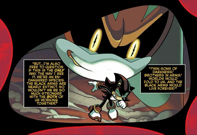 In Archie's Sonic the Hedgehog comics, Shadow gets a biological "brother" in the form of Eclipse the Darkling; He was made from Black Arms DNA and blood, much like Shadow himself. 