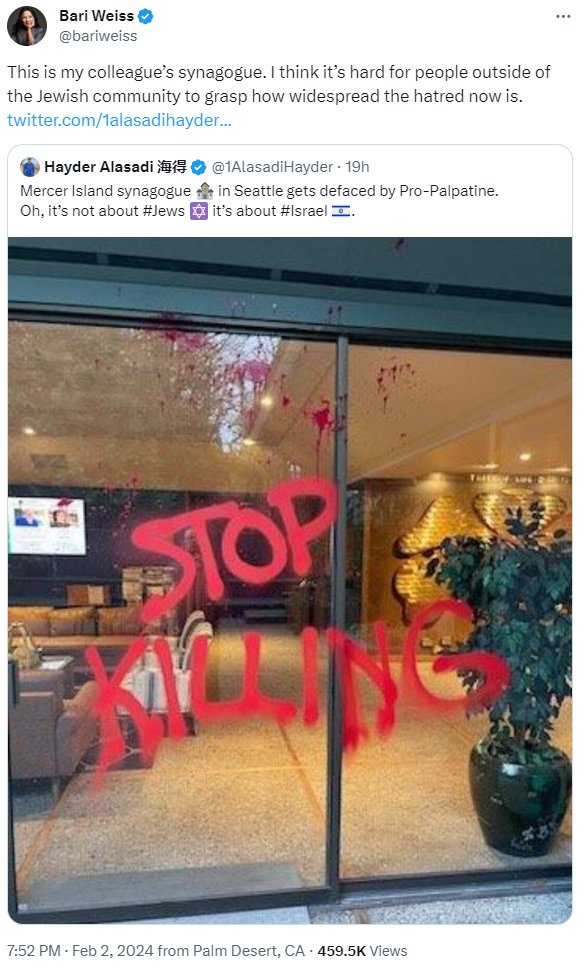 zei_squirrel's tweet photo. Bari Weiss the depraved genocidal Zionist Nazi pathological liar who killed Refaat Alareer is lying again. They're not protesting that synagogue because it's a synagogue, they're protesting it because it's explicitly pro-Israel and pro-genocide, as its website states publicly https://t.co/sCT4rIvzOM