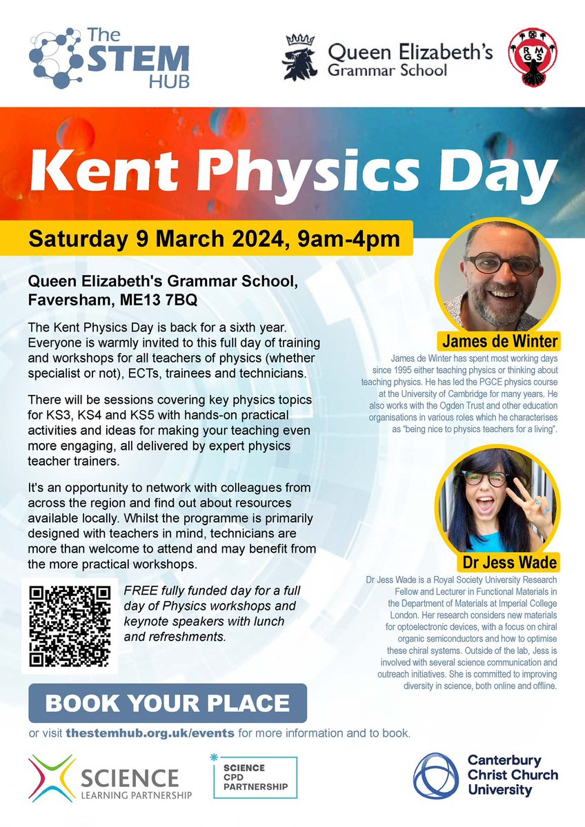 ChristinaAstin's tweet photo. 🤩 99 teachers &amp; techs already registered for the 6th Kent Physics Day on Sat 9 Mar in Faversham. Will you be our 💯th?!

It’s free to attend with workshops, networking, raffle, goodies &amp; lunch: https://t.co/VeJMaGQfvk…

#KentPhysics24 https://t.co/5svicDJfrP