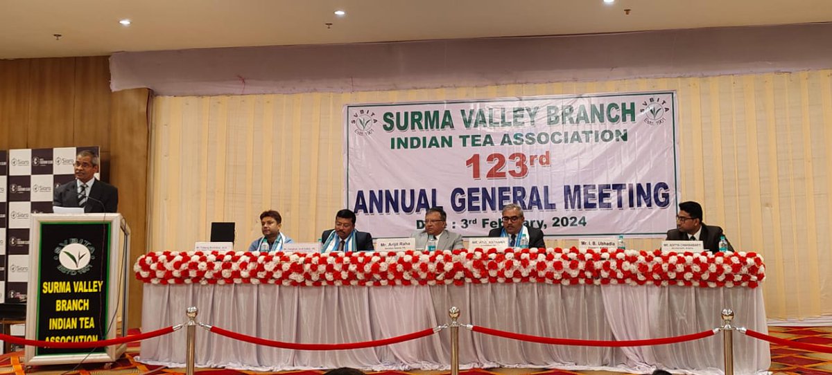 123rd AGM of Surma Valley Branch ITA at Silchar. ITA Chair Atul Asthana addressing in presence of Chief Guest KJ Saikia, IGP(SR) & Guest of Honour Y Borthakur, ADC Cachar. Also in pic IB Ubadia Br Chair SVBITA, A Raha Secy-Gen ITA & Aditya Chakrabarti, Br Secy SVBITA.