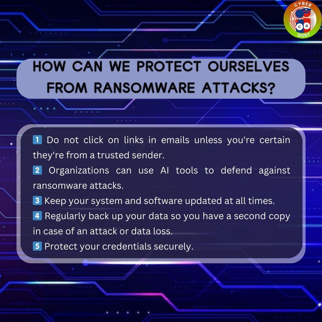Cyberdost's tweet photo. Safeguard yourself from AI enabled Ransomware Attacks

#I4C #MHA #Cyberdost #Cybercrime #Cybersecurity #DigitalSafety #Stayalert #News #SocialmediaInsights #Share #Awareness https://t.co/747tMr0M7n