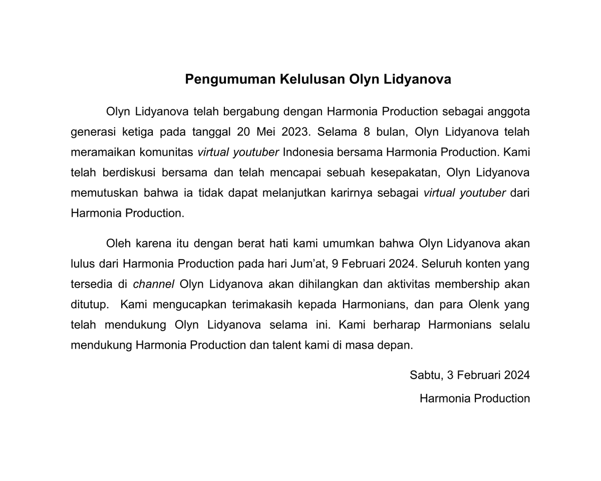 HarmoniaProject's tweet photo. Selamat malam Harmonians. Kami ada pengumuman terkait salah satu talent kami, Olyn Lidyanova. https://t.co/IJyk1qkZmx