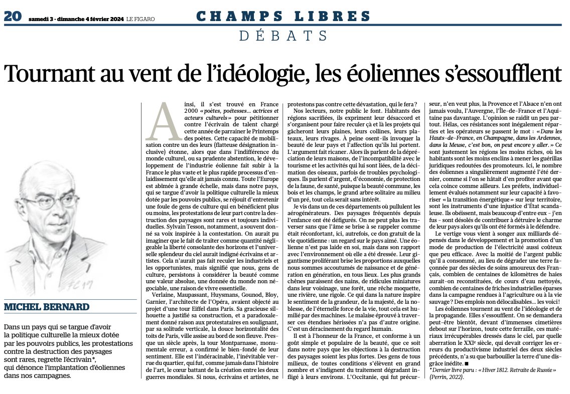 VentDebout59's tweet photo. Très beau texte de Michel BERNARD ancien sous préfet sur l'industrialisation massive de la filière éolienne en 🇨🇵 dans @Le_Figaro.
https://t.co/ocm9sZ6GH3 https://t.co/nIxv2dDwme