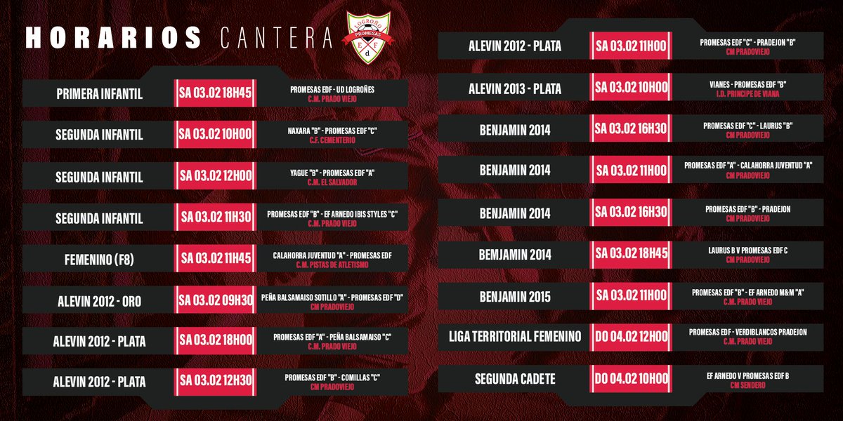EDFL_oficial's tweet photo. Horarios de nuestra cantera para este fin de semana. #PromesasEDF https://t.co/ELKvMPaNSg