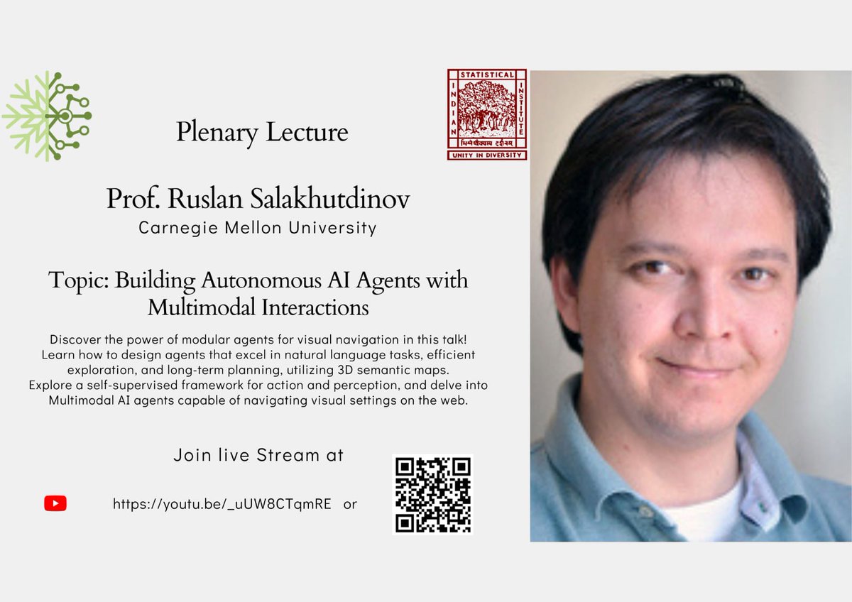 Tomorrow Prof. Salakhutdinov (@rsalakhu) will deliver a talk as a part of the plenary lecture series at Winter School of Deep Learning, ISI Kolkata. Join us on YT at 19:30 IST 4th Feb (14:00 UTC, 4th Feb) via- youtube.com/live/_uUW8CTqm… #WSDL #LLM #LMM #multimodal #deeplearning