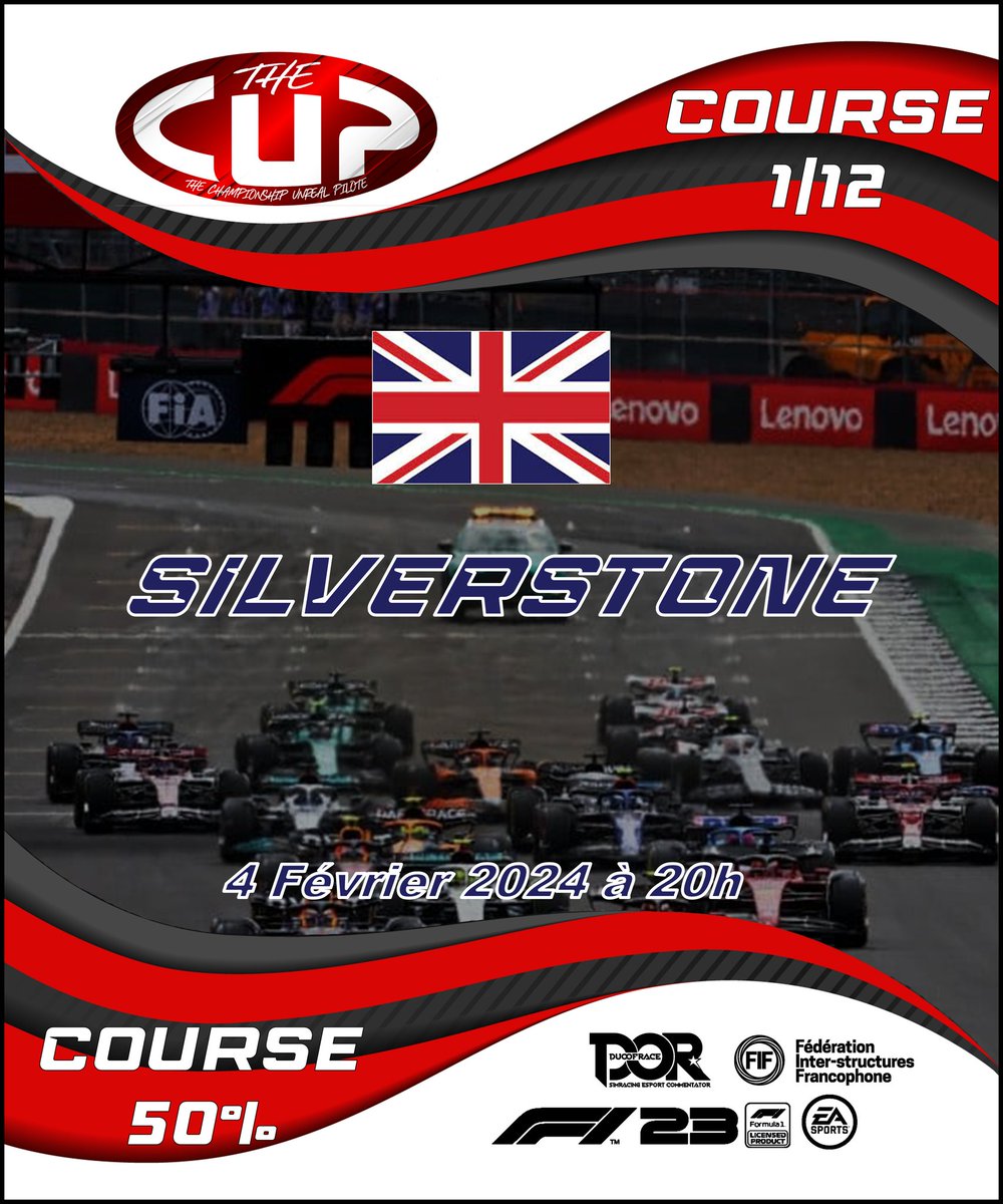 THE CUP commence demain ! 📢
Nos dix équipes vont s'affronter, sur le célèbre et généralement aimé de tous, tracé de Silverstone !

📺Rendez-vous à 20h sur Twitch !

⭐linktr.ee/DOR.eSport.Pro…

#f123game #esports #THECUP #frenchsimracing  #twitch #interteam #DuoOfRace #championnat