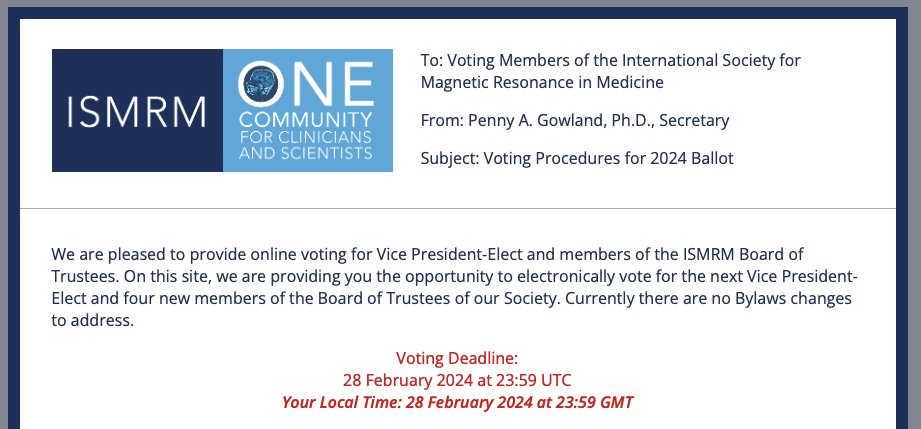 your vote really matters!🗳️ Please study the ballot for the @ISMRM Vice President Elect and Board of Trustees and vote. We need more members voting. Deadline is 28 February, but why not do it *TODAY*? 🙏🏼 Here's the link 👇🏼 ismrm.org/members-only/m…