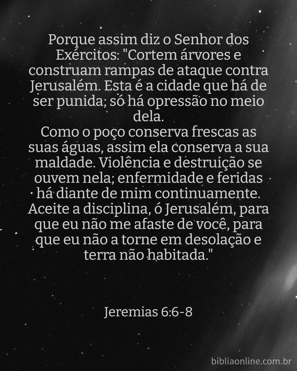 Jair47240183's tweet photo. Jeremias 6:6-8 - Nova Almeida Atualizada(NAA)
https://t.co/MwgSqbcvYz
#Bíblia #BíbliaNAA #NAA #Jeremias #Jeremias6 #Jr6 #Deus #Jerusalém #invasão #pecado #consequências #profecia #rpSp #LEIA_A_BÍBLIA #ESTUDE_A_BÍBLIA #CONHEÇA_A_BÍBLIA @bibliaonline https://t.co/1kqHGSln2Z