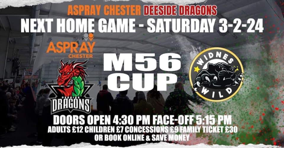 dragonsihc's tweet photo. 🚨GAME DAY🚨

Bragging rights and CUP points are up for grabs against our neighbours YKK Widnes Wild Ice Hockey Club in the M56 Cup. 

📆 TODAY Saturday 3rd February 
📍 Deeside Leisure Centre
⏰ Face Off 17.15pm
🚪 Doors Open 16.30pm

#BeMoreDragon #letspacktheden https://t.co/ZEXgMGbjnr