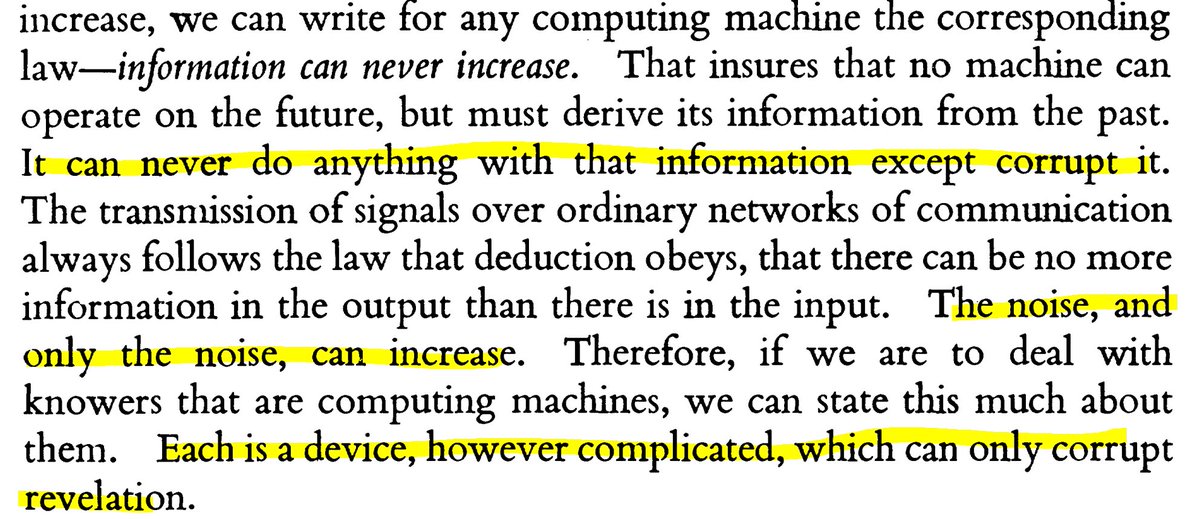 You have to admire how as early as 1952 (!) Warren McCulloch, the father of neural networks, casually admits that computers a) can say nothing about the future b) will always remain noise machines c) 'can only corrupt revelation.'