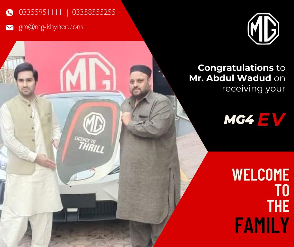 MgKhyber's tweet image. Successfully delivered MG4 to our precious customer Mr. Abdul Wadud, welcome to the MG family. 

#MGPakistan #MG4 #iloveMG #MGKhyber