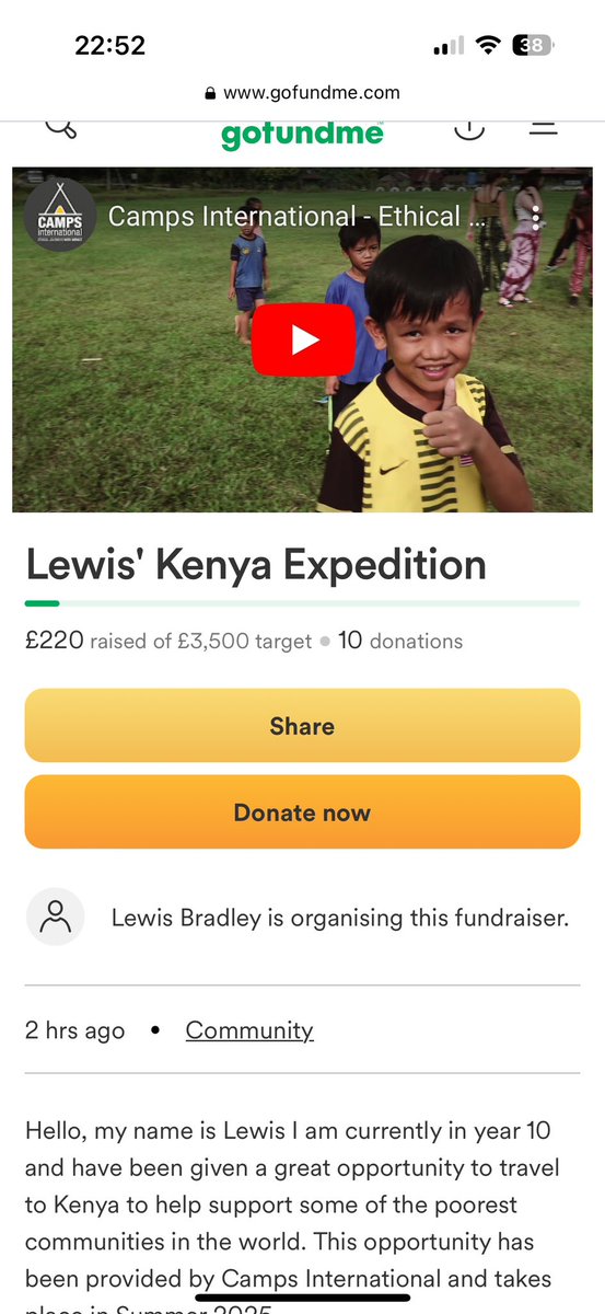 Lewis has signed himself up for an expedition to Kenya.He now has to raise over 4K to get there! Please read his story on his Gofundme page and donate if you’re able to. gofund.me/8d5a4326