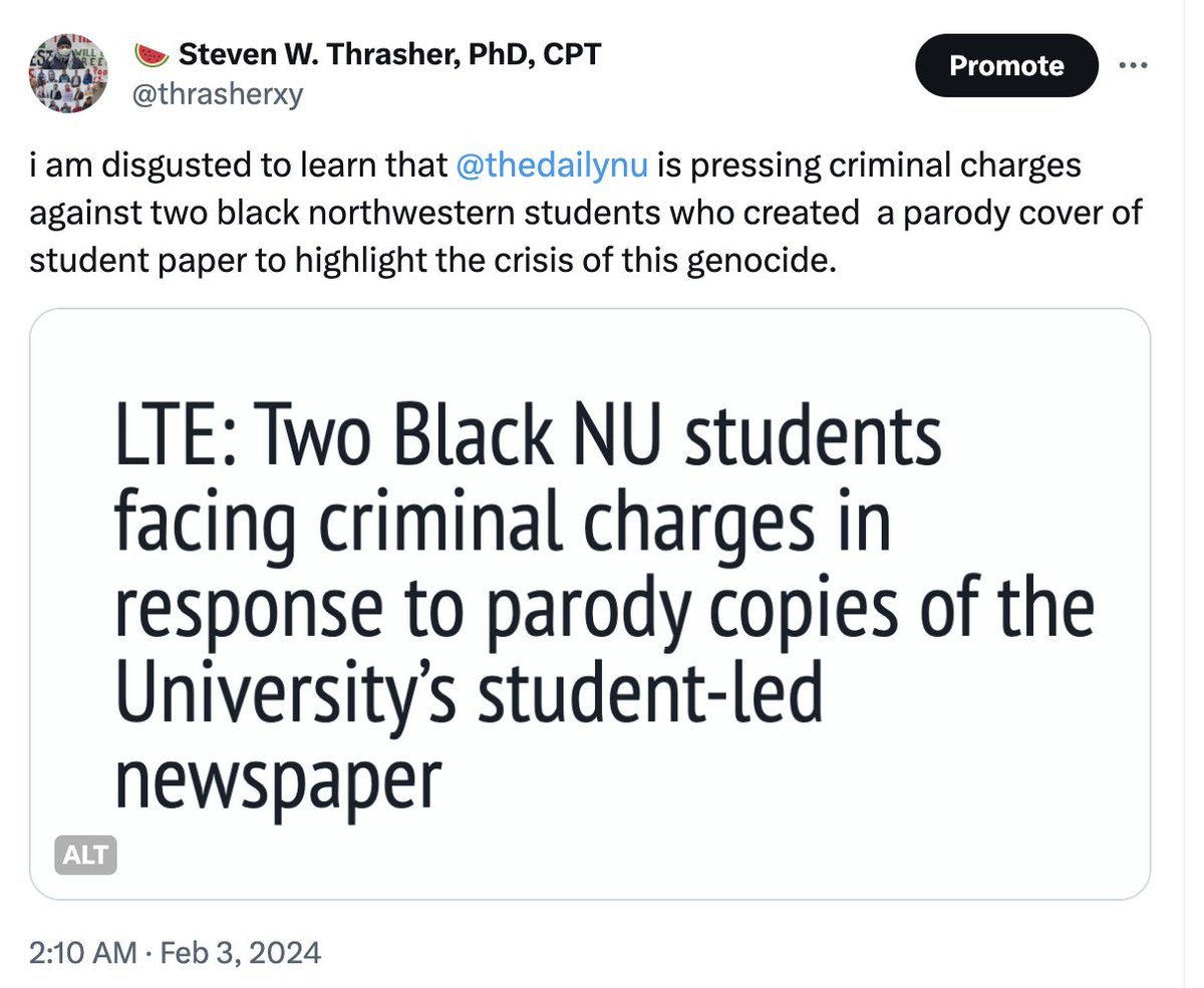 IMPORTANT UPDATE on the charges against 2 Black students at Northwestern: I have deleted my thread (screenshot below) about @thedailynu bc of important new info i learned: the corporation which owns The Daily Northwestern is pressing charges, not any of its student journalists