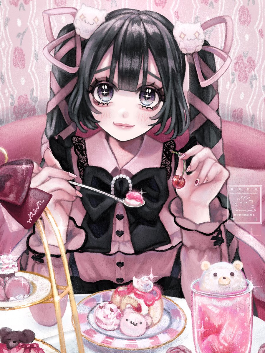 1girl food twintails black hair solo jirai kei ribbon  illustration images