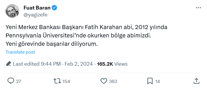 YasinAslanTrk1's tweet photo. Erdoğan, FETÖ'cülerle Mücadele Etmiyor muydu?
Yeni Merkez Bankası'nın Başkanı Fatih Karahan Fetöcüymüş ya!
Erdoğan, FETÖ'cüleri bakanlık ve diğer yüksek görevlere tayin ederek mi Fetö ile mücadele ediyor?
Fatih Karahan hesabını kapatmış. Sebebi şimdi daha iyi anlaşılıyor?
⬇️