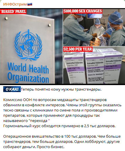 Комиссию ООН по вопросам медзащиты трансгендеров обвинили в конфликте интересов. Члены этой группы оказались тесно связаны с клиниками по смене пола и производителями препаратов, которые применяют для процедуры так называемого "перехода "