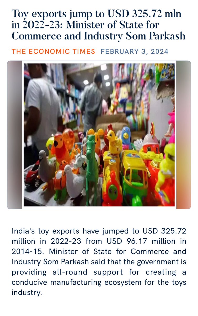 OrangBatash's tweet photo. Toy exports jump to USD 325.72 mln in 2022-23: Minister of State for Commerce and Industry Som Parkash
https://t.co/HXlV07ytgh

via NaMo App https://t.co/yBHMLlfRWu