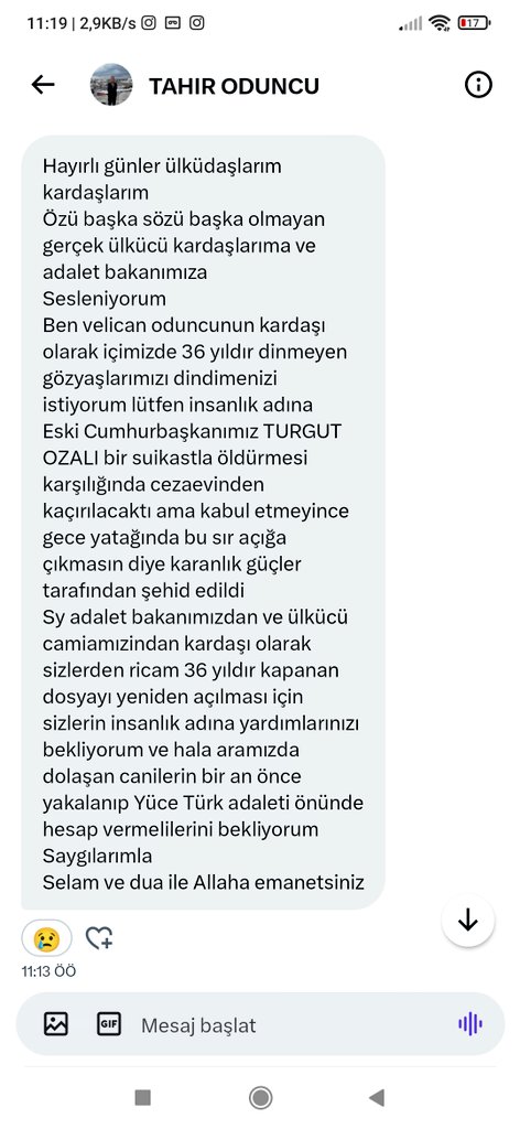 <a href="/hacisellihaber/">Haciselli HABER</a> <a href="/MuratZERSOY/">Murat ZERSOY</a> <a href="/mhpfccc/">FerideY</a> EVET SAYIN ÜLKÜCÜLER, SAYIN VATANSEVERLER, SN. ASENALAR, BU CİĞERİ YANAN ADAMI NEDEN DUYMUYORSUNUZ !?

BENİ MESAJ YAĞMURUNA TUTAN BU GÜZEL İNSANI DUYUN LÜTFEN !!!
(<a href="/odunc23974/">TAHIR ODUNCU</a>)

#VelicanOduncu / #TahirOduncu

"Hayırlı günler ülküdaşlarım kardaşlarım 
Özü başka sözü başka olmayan