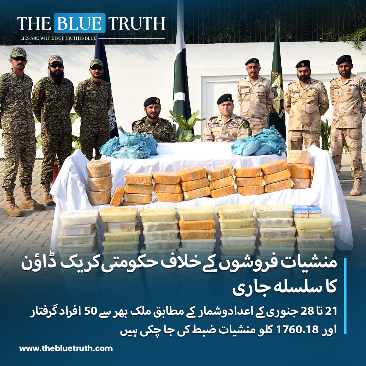 thebluetruth_'s tweet image. 21 تا 28 جنوری کے اعدادوشمار کے مطابق ملک بھر سے 50 افراد گرفتار اور 1760.18 کلو منشیات ضبط!
#DrugCrackdown #GovernmentAction #AntiDrugCampaign #LawEnforcement
#DrugControl #CrackdownEfforts #DrugDealersArrested #tbt #TheBlueTruth