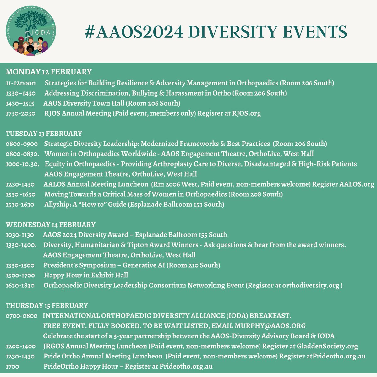 The IODA team has created a DIVERSITY EVENT timetable for #AAOS2024. We look forward to meeting with everyone who is collaborating towards a global orthopaedic culture in which everyone can thrive. #diversity #equity #inclusion #orthopaedics