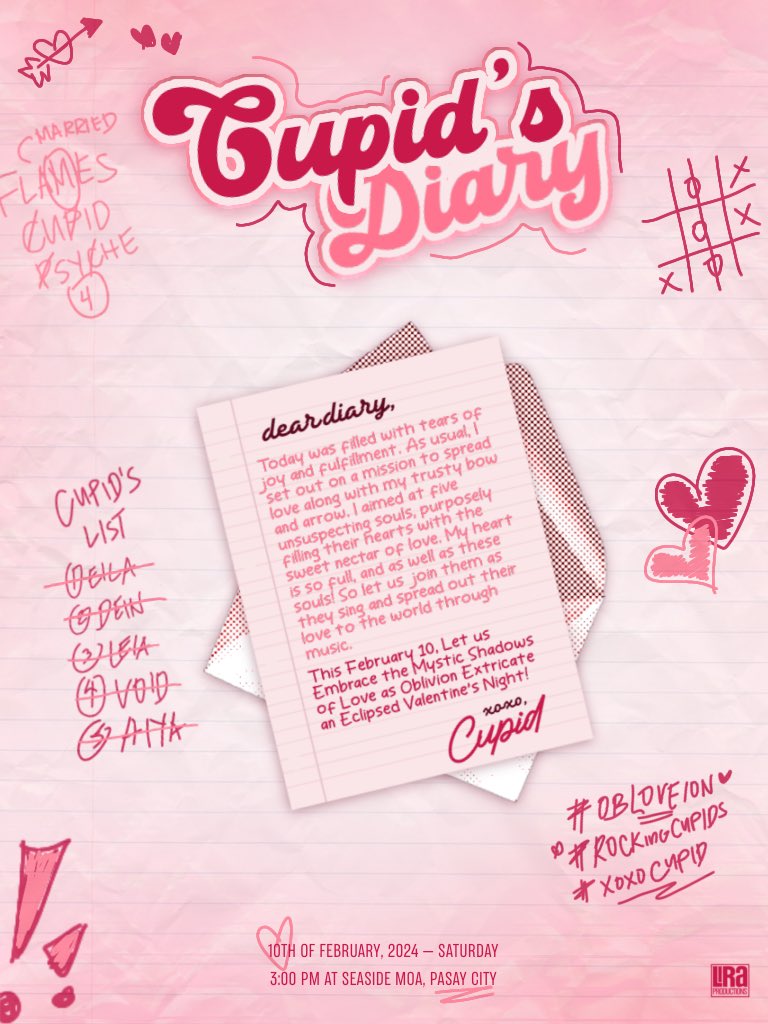 INTOBLVN's tweet image. ⠀

⠀⠀⠀⠀⠀・ ┆   ✦   ʚ♡ɞ   ✦   ┆ ・

⠀⠀⠀⠀⠀ THE OBLIVION PRESENTS:
⠀⠀⠀⠀⠀ 𝓬𝓾𝓹𝓲𝓭’𝓼 𝓭𝓲𝓪𝓻𝔂

⠀⠀⠀⠀⠀#ROCKingCUPIDS 
⠀⠀⠀⠀⠀#obLOVEion 
               #xoxoCUPID 

⠀