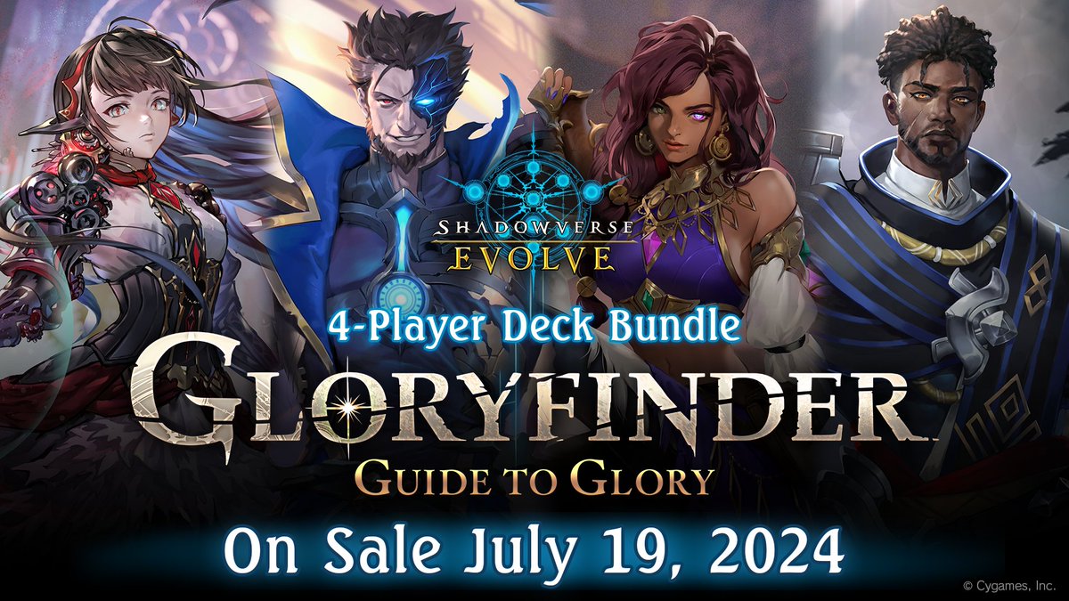 svevolve_en's tweet photo. Introducing Gloryfinder! 

Gloryfinder is a casual multiplayer format and the first bundle, Guide to Glory, will be released in July! This bundle features four ready-to-play decks and brand-new cards exclusive to the format.

#Shadowverse #ShadowverseEvolve https://t.co/oaLugaV6io