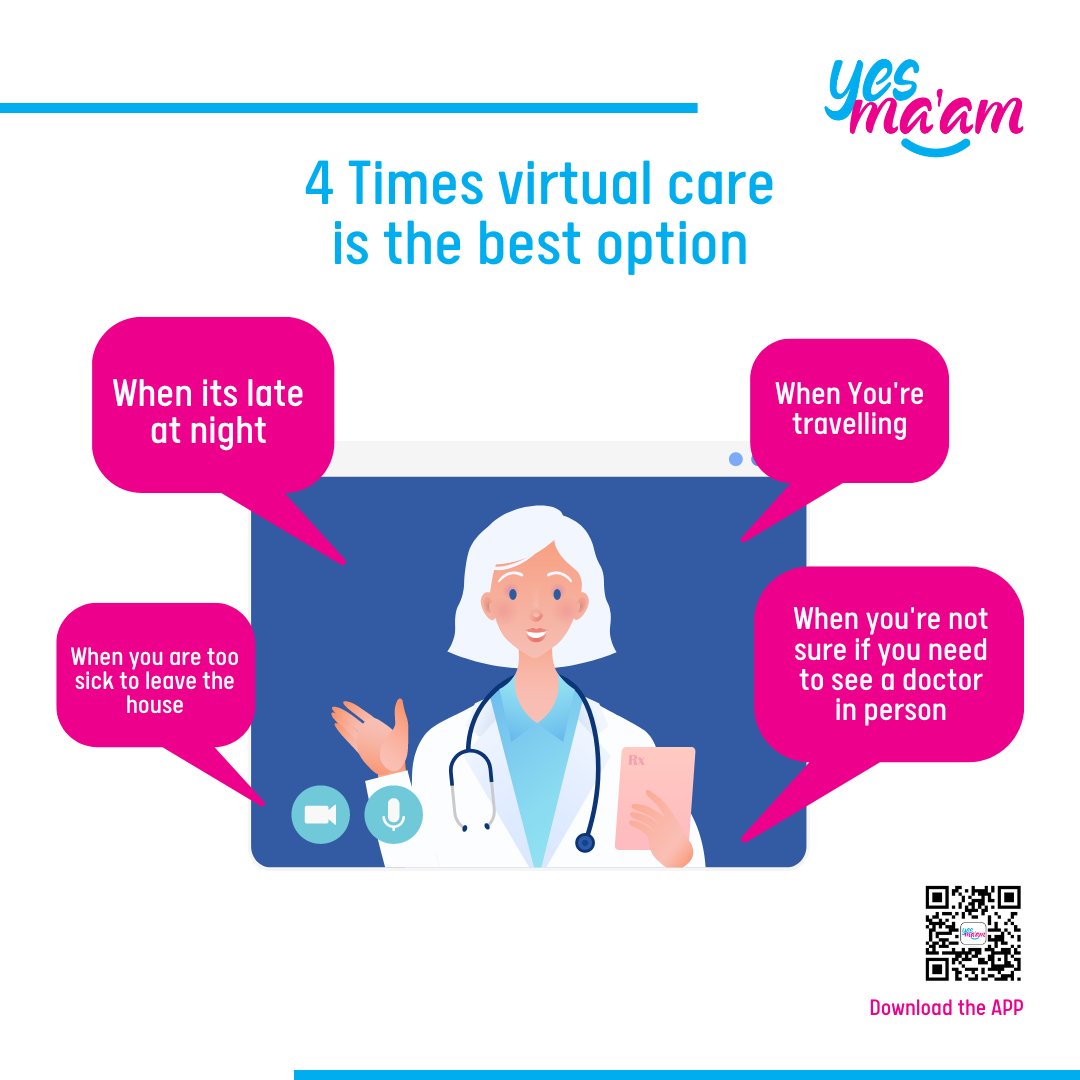 4 Times virtual care is the best option. 1. When its late at night 2. When You're travelling 3. When you are too sick to leave the house 4. When you're not sure if you need to see a doctor in person. #YesMaamDubai #VirtualCare #HealthAtYourFingertips #DubaiHealth