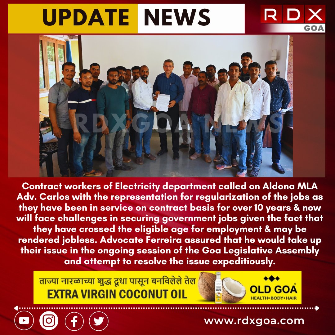 rdxgoa's tweet image. Contract workers of #Electricity department called on Aldona MLA Adv. Carlos Alvares Ferreira with the representation for #regularization of the jobs as they have been in service on #contract basis for over 10 years