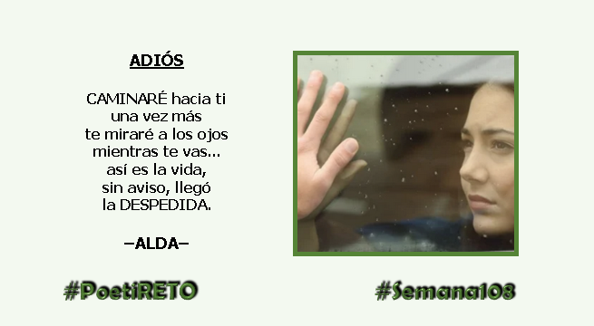 PoetiRETO's tweet photo. ⬇️
ADIÓS
–––
CAMINARÉ hacia ti
una vez más
te miraré a los ojos
mientras te vas...
así es la vida,
sin aviso, llegó
la DESPEDIDA.
–ALDA–
#PoetiRETO #Semana108
#03febrero #Seguidilla #Compuesta
Invito a: @Sandrivaliente @abbentvolador @3boigxcatalunya @Spaocas ⬇️ https://t.co/LRfAC1V4SU