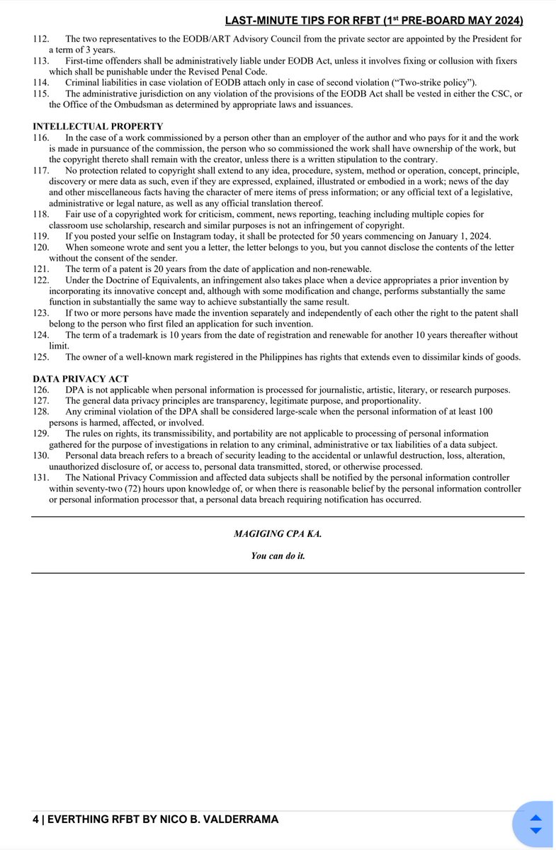 nbvneverquits's tweet image. Last-minute tips for 1st Pre-Board 💙💛

Partnerships, Corporations, Cooperatives, FRIA, Electronic Commerce, Ease of Doing Business, Intellectual Property, and Data Privacy