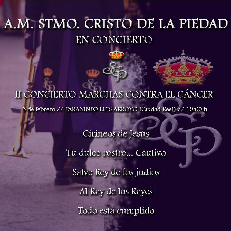 ¡Hoy suena la Piedad!

Este es el repertorio que interpretaremos hoy en el II Concierto de marchas contra el cáncer.

⏰ 19:00h.
📍 Paraninfo Luis Arroyo (Ciudad Real)

#SoyDeLaPiedad #SCP