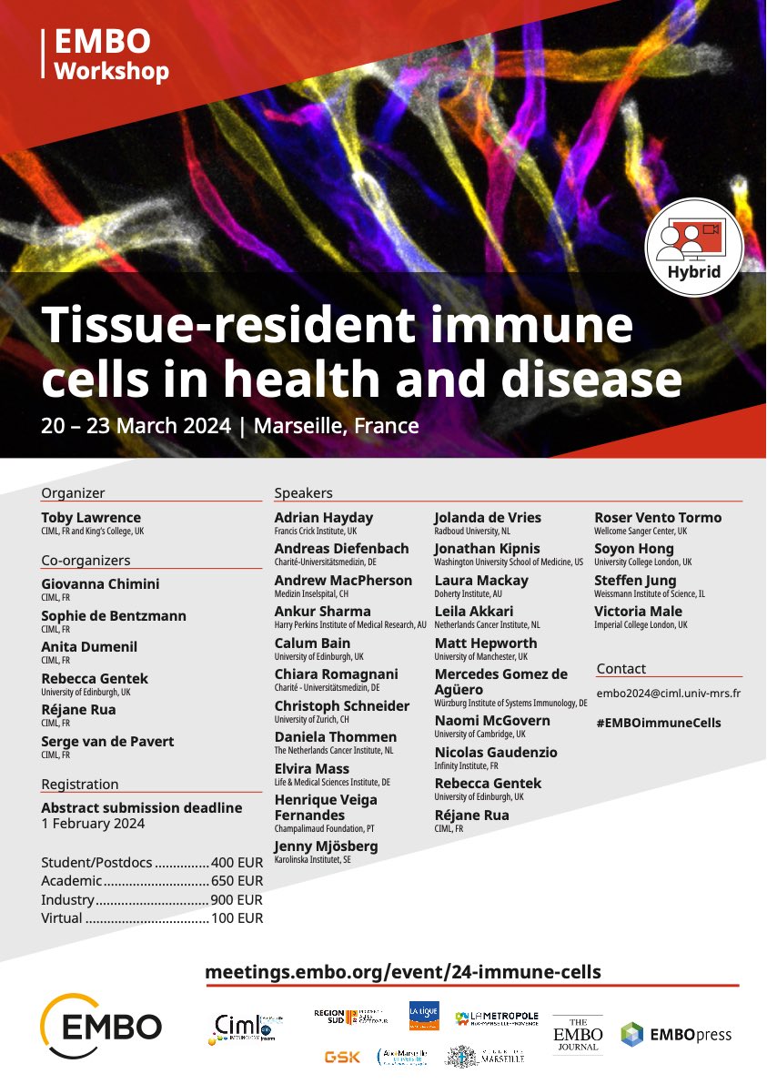 Have you registered for the @EMBO Tissue Resident Immune Cells in Health and Disease, 20-23 March 2024, Marseille, France. meetings.embo.org/event/24-immun… The abstract deadline has been extended to 15th  Feb, slots still available for short talks. So get applying!