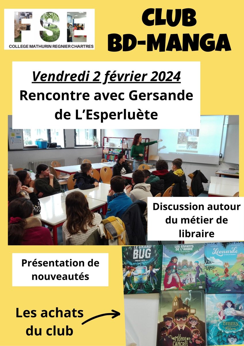 Après Jérémie de BDFlash en décembre, c'était au tour de Gersande de L'Esperluète de rencontrer le club BD-manga. Des échanges riches, et des nouvelles BD à découvrir.
La prochaine fois, c'est nous qui allons visiter les deux  librairies chartraines.