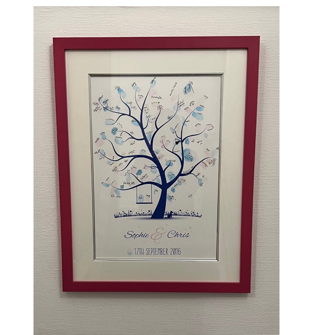 A lovely way to create a beautiful memento of your wedding ceremony that includes all your  guests, is to have a fingerprint tree.
This is exactly what my daughter Sophie &amp; son-in-law, Chris had at their’s. 
Can you see the pair of them on the tree ? And spot their dog Maisie ?