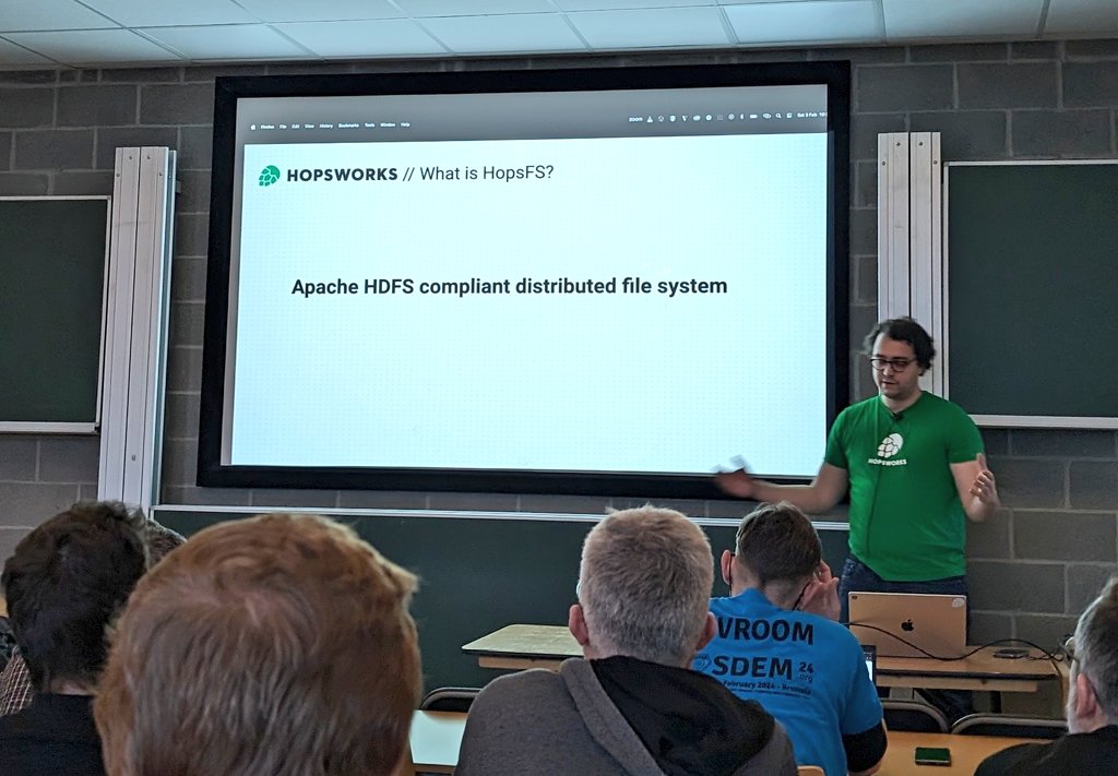 So far this Saturday morning is going well! @SirOibaf starting his talk about @hopsworks #hopsfs at this year's @fosdem #softwaredefinedstorage devroom.