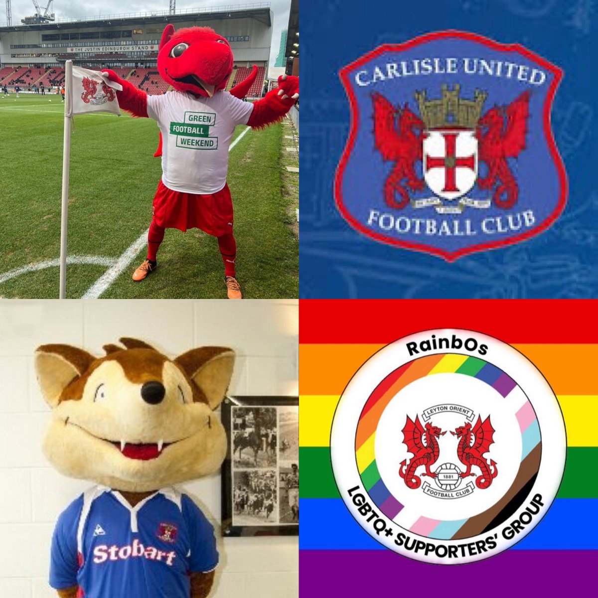 RainbOsailor's tweet photo. @GaughanGStadium play host for @leytonorientfc vs @officialcufc Battle of the Mascot @FootballMascots as @theo_wyvern & @Cleo_Wyvern meet @Olga_The_Fox on #GreenFootballWeekend
@RainbOs_1881 @LOFCSupporters @CarlisleUtdSG @Carlisle_320
#TransferToVeg 💚 https://t.co/YeB6iYdGci