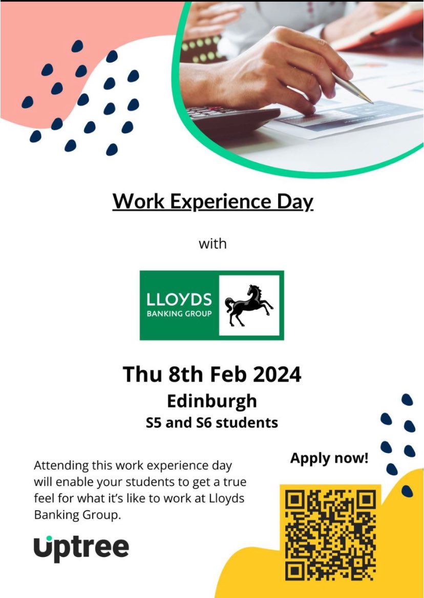 Fancy a days work experience at Lloyd’s Banking Group? Sign up by scanning the QR code and see your guidance teacher if you are lucky enough to secure a space! Good luck!