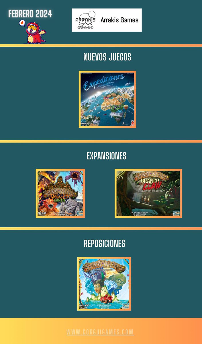 CorguiGames's tweet image. 🚨Novedades de Arrakis en Febrero:

☑️ Expediciones 
☑️Spirit Island (Reeimpresión)
☑️Spirit Island: Expansiones

‼️Además, se podrá adquirir el pack de correcciones de Spirit Island👏

Más info ⬇️ 
corguigames.com/novedades-febr…

#Arrakisgames #Juegosdemesa #Corguinews #CorguiGames