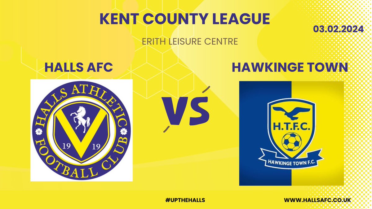 MATCH DAY 

🆚 <a href="/HawkingeTownFC/">Hawkinge Town F.C.</a> 
🏆<a href="/KCFL1516/">Kent County FL News</a> 
📍Erith Leisure Centre 
⏰ 2.45pm KO 
🎟️ £5 entry 

#UPTHEHALLS 💙💛