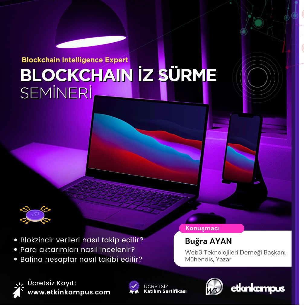, "Blockchain Intelligence Expert" seminer serisinin bir parçası olarak, Blockchain İz Sürme konusunda derinlemesine bir seminer düzenleniyoruz. 🚀
<a href="/bugraayan/">Bu*</a> <a href="/web3dernegi/">Web3 Teknolojileri Derneği</a> 
Kayıt: etkinkampus.com 

#blockchain #kripto