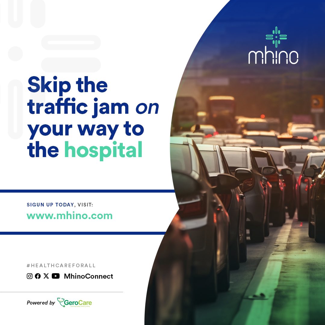 Don't let traffic jam interrupt your way to getting treatment.

Mhino offers you speedy response to your health  complaints 

Sign up today at 
mhino.com 

Or dial *347*68#

#mhino #mhinoconnect #mhinocares #healthcareinnovation 

#healthcarenigeria