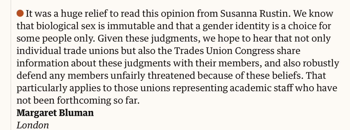 @SusannaRustin The last letter, from @MargaretBluman, has vital message for trade unions, @The_TUC  & @UKLabour.
Take note of #Meade #PhoenixRising #Forstater rulings & #EqualityAct2010.
Stand up for our legal rights at work.
Check your 'mindsets'
#WomensRightsAreNotTransphobic
#TakeHeedOfMeade