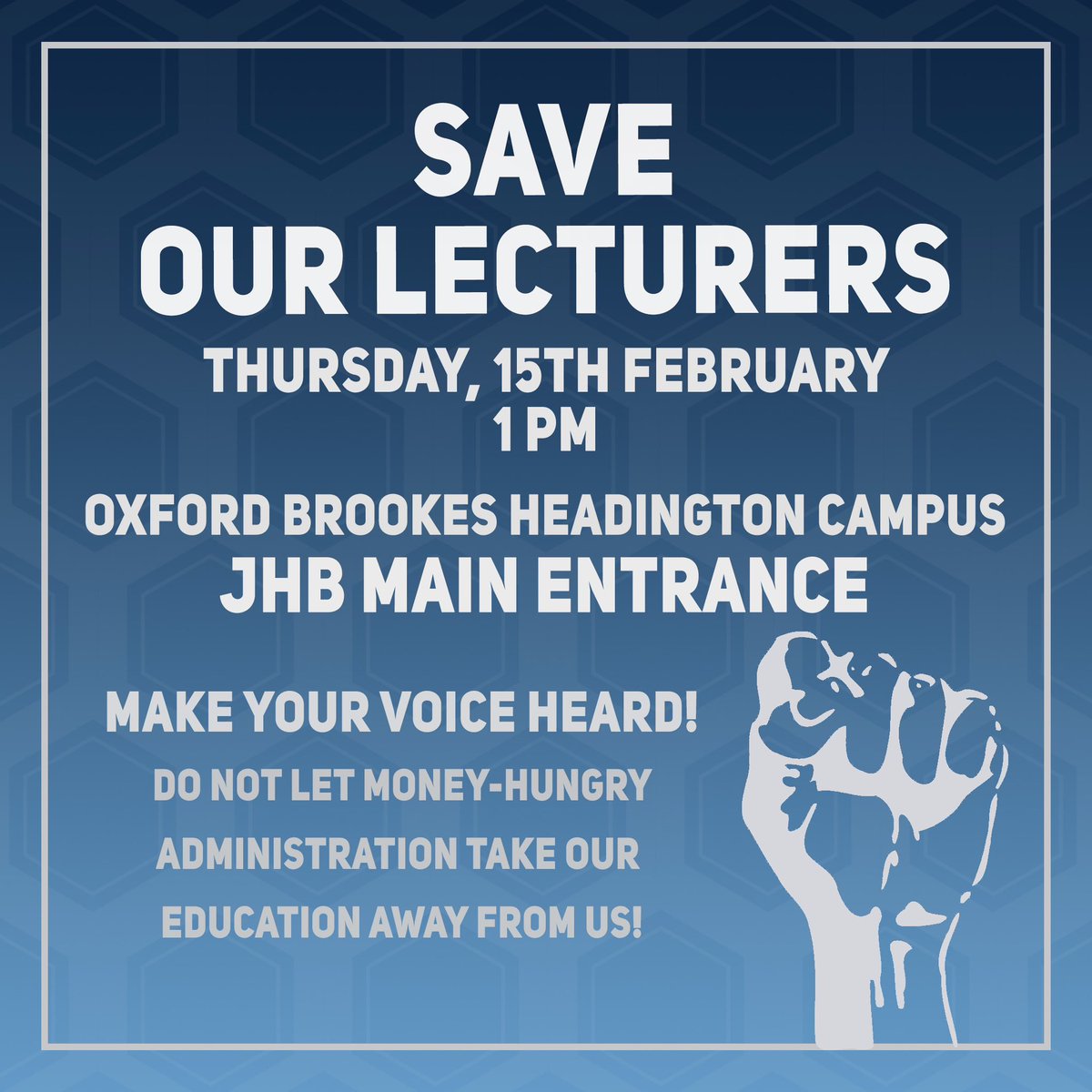 Our next protest will be on Thu, 15th Feb and we will have speakers from the UCU, students from affected courses, as well as lecturers affected by the cuts. We will also be joined by Music students.
#oxfordbrookes #oxfordbrookesuniversity #obu #saveourlecturers #savemusic