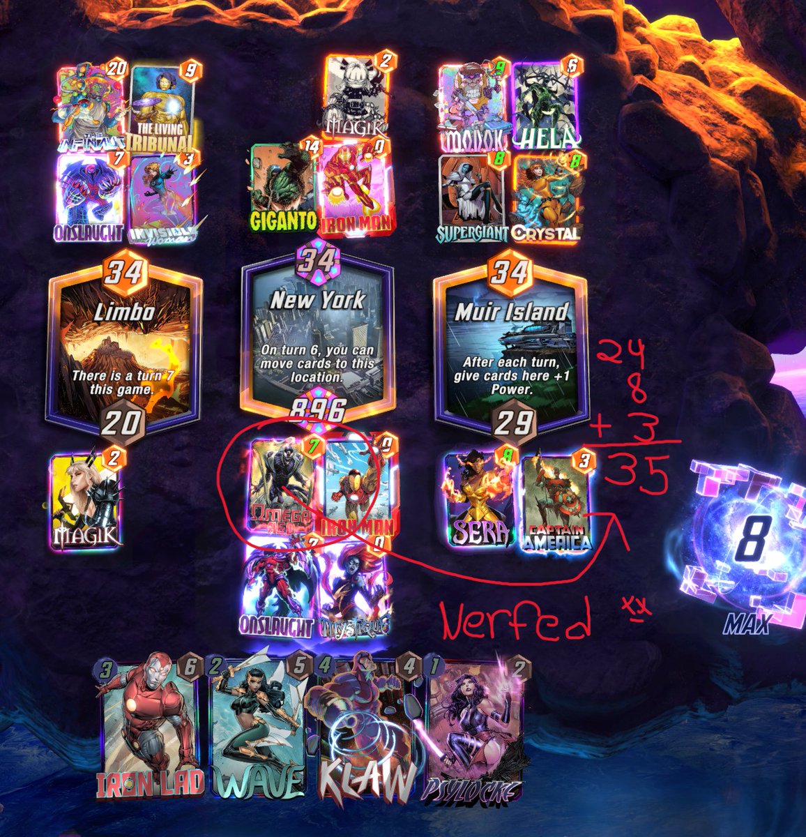 Malignant_Sin's tweet photo. Omega red is nerfed in combo style game play in the deck that I use. 
here omega would traditionally push 24 power rather than the new 18. https://t.co/hmqSNsSHx3