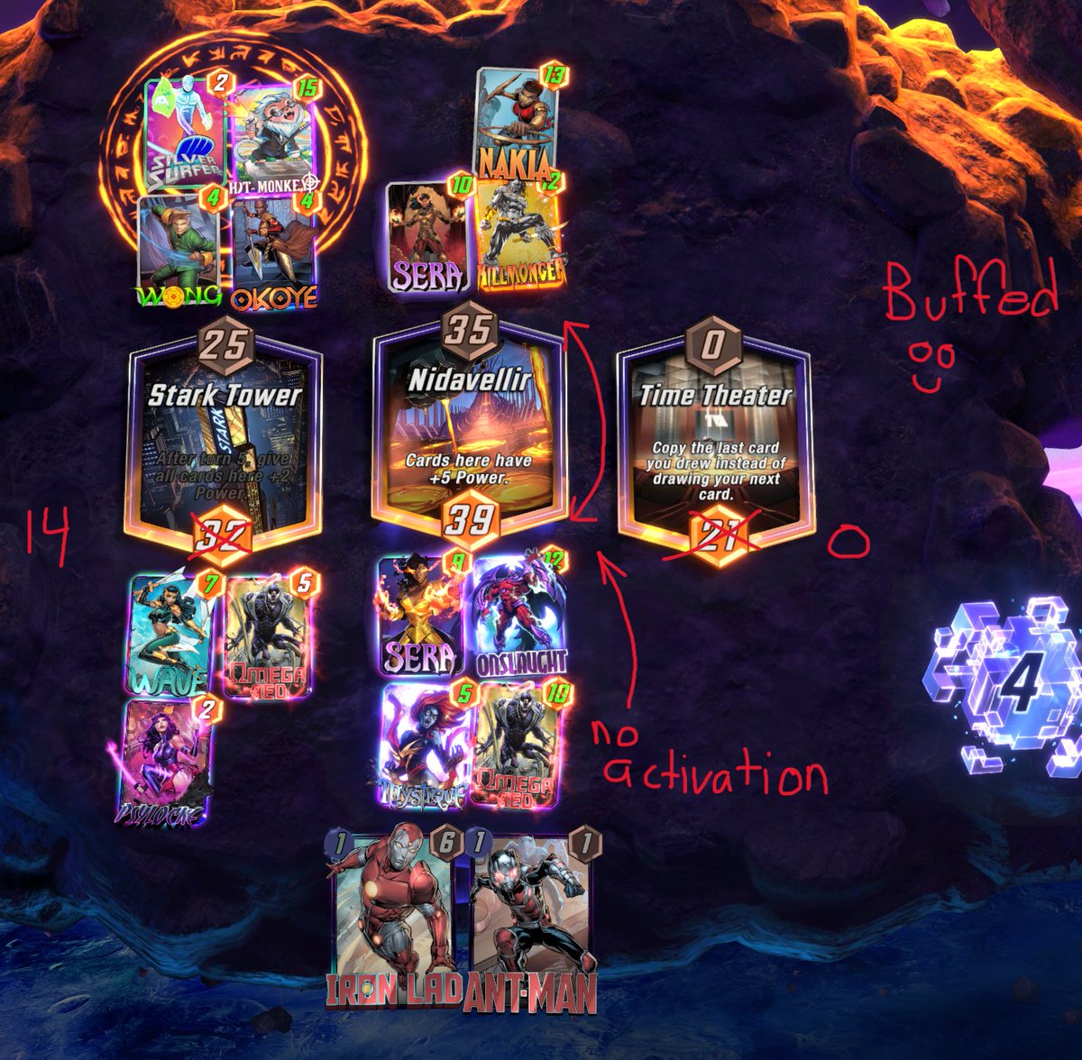 Malignant_Sin's tweet photo. But Omega is definitely more flexible in more situations, 
In this game I would normally not get the omega activation due to not having a 10 point lead middle. 
So I would only have 14 power left and 0 power right. https://t.co/LZkfTnsuoS